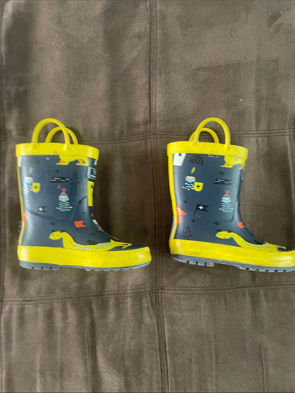 Kids Navy and Yellow Dinosaur Rain Boots with Easy Pull Handles